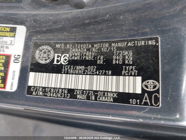 2T1BURHE2GC542718 Toyota 2zr-fe