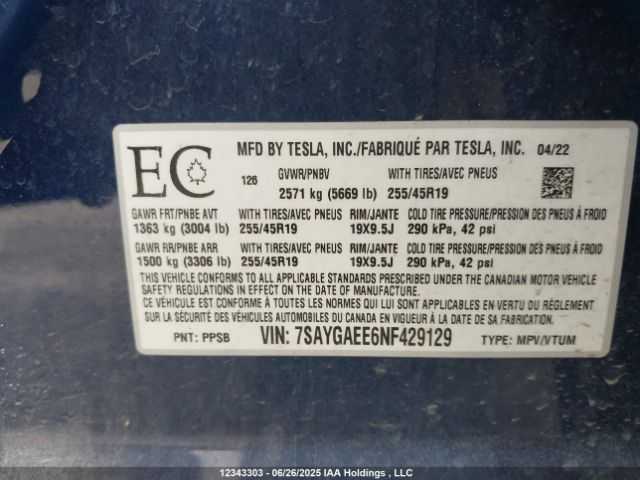 7SAYGAEE6NF429129 Tesla Model Y