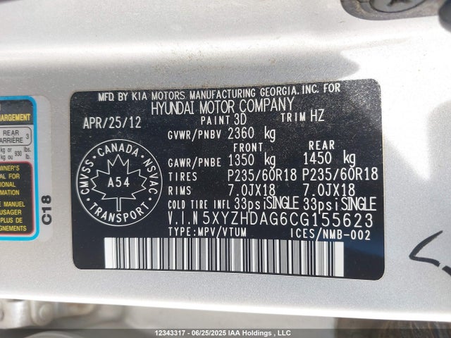 Продажа на аукционе авто 2012 Hyundai Santa Fe Se, vin: 5XYZHDAG6CG155623, номер лота: 12343317