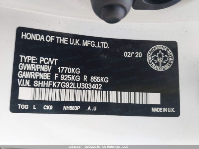 SHHFK7G92LU303402 Honda l15ba