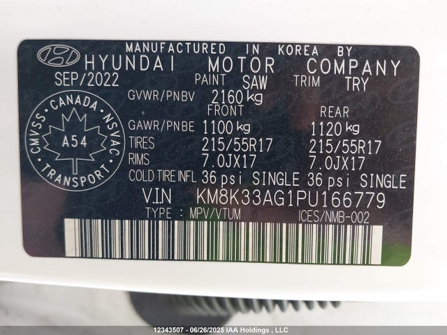 KM8K33AG1PU166779 Hyundai 2023