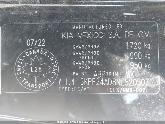 3KPF24AD8NE520507 KIA mpi nu