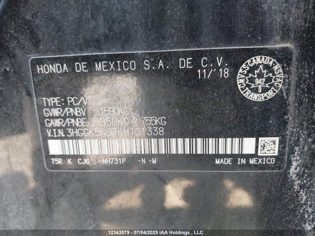 3HGGK5H63KM101338 Honda l15b1