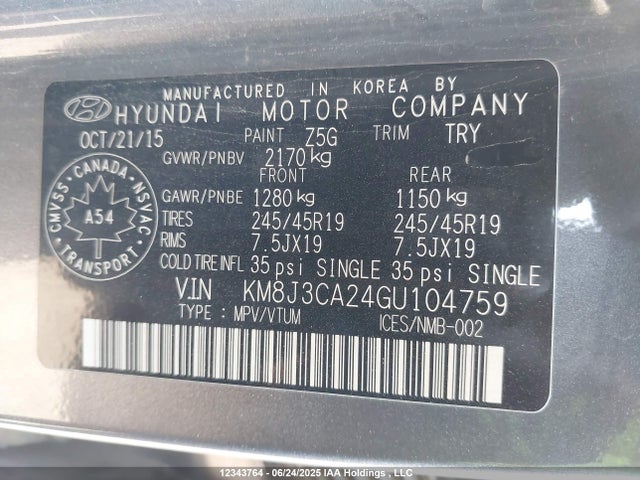 Продаж на аукціоні авто 2016 Hyundai Tucson Limited, vin: KM8J3CA24GU104759, номер лоту: 12343764