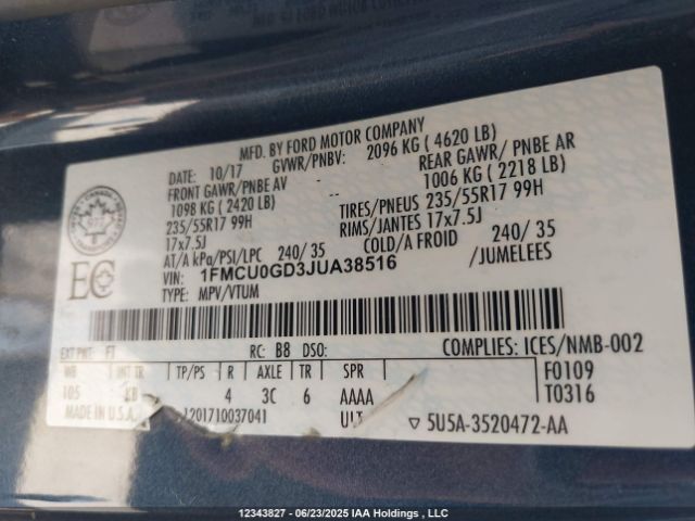 1FMCU0GD3JUA38516 Ford 1.5l gtdi sigma w/premium fuel