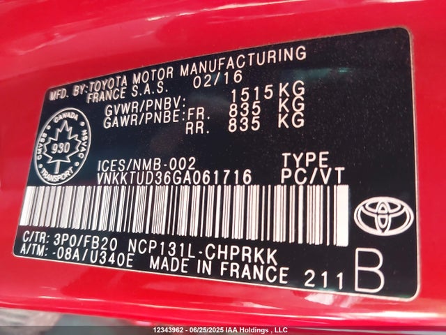 VNKKTUD36GA061716 Toyota 1nz-fe