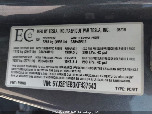 5YJ3E1EB3KF437543 Tesla 2019
