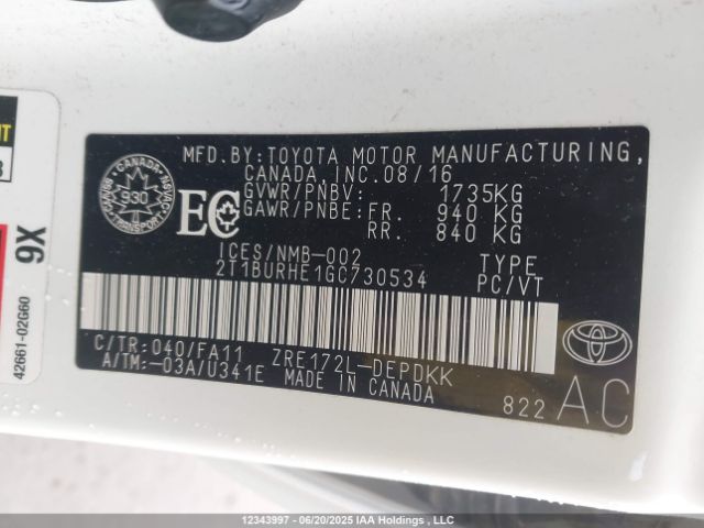 2T1BURHE1GC730534 Toyota 2zr-fe