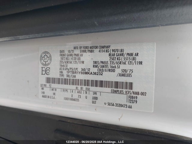 Ford 3.5l v6 cyclone 2021 1FTBR1Y80MKA36232 Image 9
