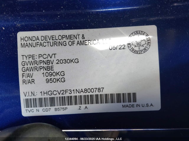 1HGCV2F31NA800787 Honda k20c4