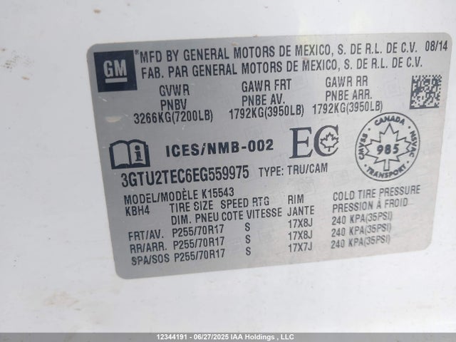 3GTU2TEC6EG559975 GMC l83 - vvt, afm (active fuel management), aluminum