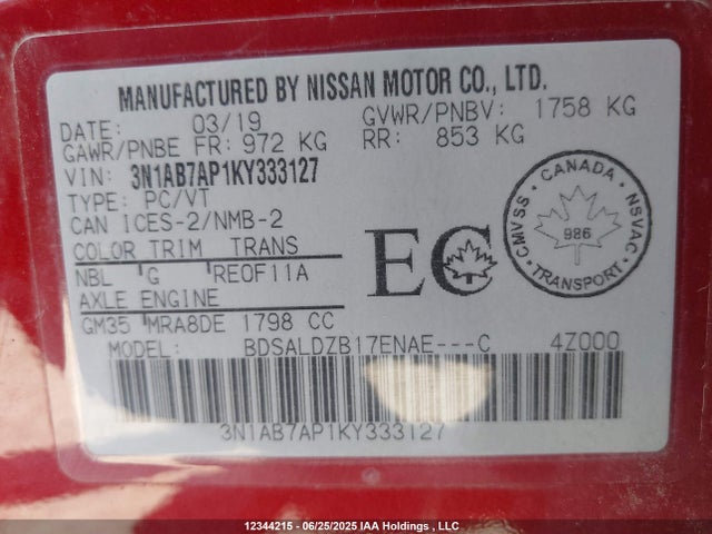 3N1AB7AP1KY333127 Nissan 2019