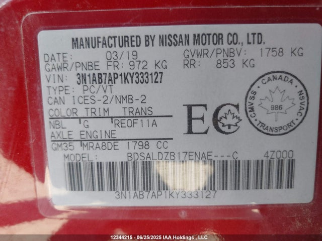 3N1AB7AP1KY333127 Nissan 2019