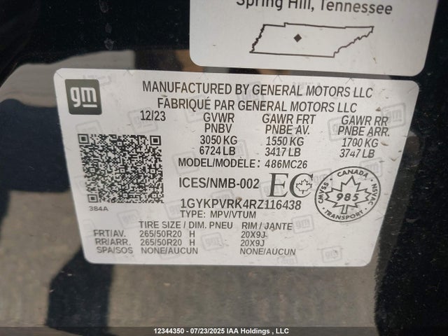 1GYKPVRK4RZ116438 Cadillac x0d + ec6