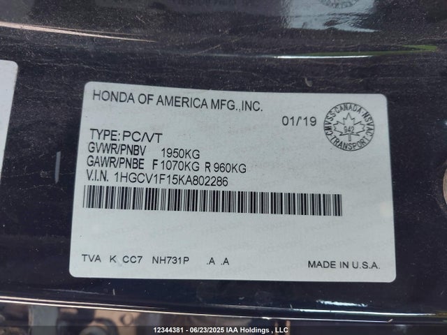 Honda l15be 2019 1HGCV1F15KA802286 Image 9
