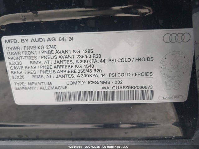 12344394 :رقم المزاد ، WA1GUAFZ9RP066673 vin ، 2024 Audi Q4 E-tron مزاد بيع