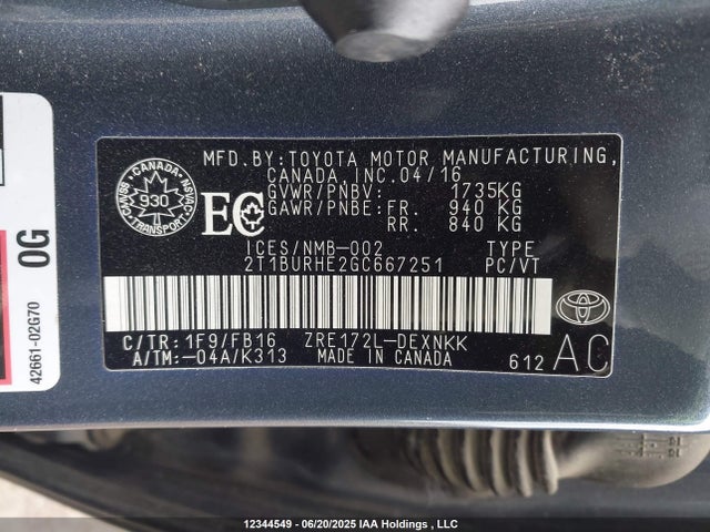 2T1BURHE2GC667251 Toyota 2zr-fe