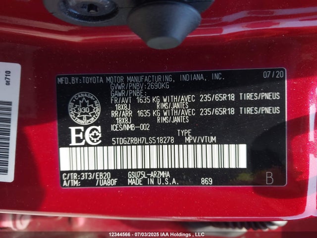 5TDGZRBH7LS518278 Toyota 2gr-fks