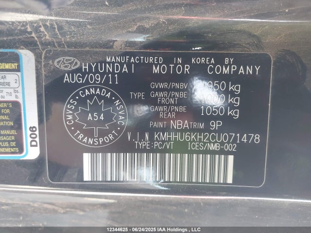 12344625 :رقم المزاد ، KMHHU6KH2CU071478 vin ، 2012 Hyundai Genesis 3.8 مزاد بيع