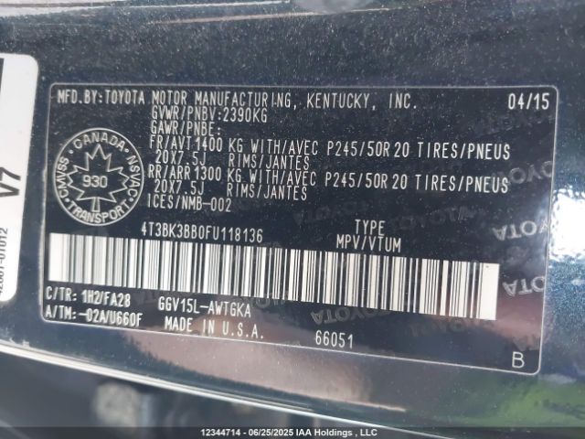 4T3BK3BB0FU118136 Toyota 2gr-fe