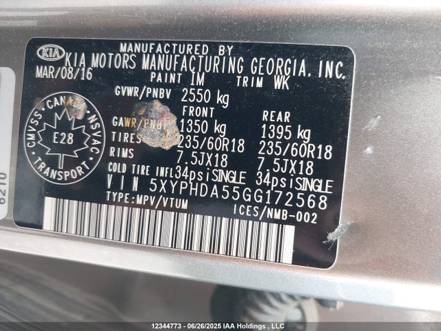 5XYPHDA55GG172568 KIA dohc gdi lambda ii