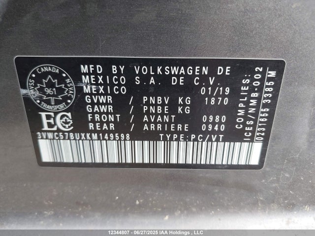 3VWC57BUXKM149598 Volkswagen 1.4 tsi