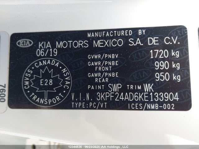3KPF24AD6KE133904 KIA mpi nu