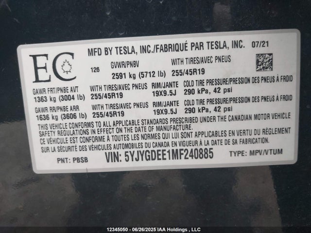 5YJYGDEE1MF240885 Tesla Model Y