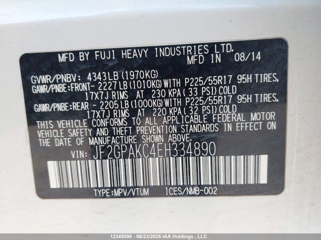JF2GPAKC4EH334890 Subaru 2.0l na