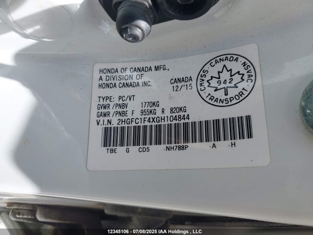 Honda l15b7 2016 2HGFC1F4XGH104844 Image 9