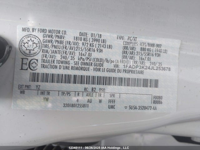 1FADP3K24JL253678 Ford 2.0l gdi