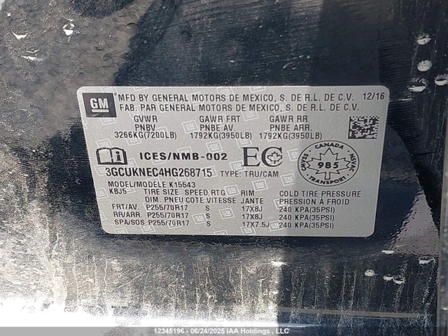 3GCUKNEC4HG268715 Chevrolet l83 - sidi: spark ignited direct injection, vvt: variable valve timing, afm, e85 max, alum