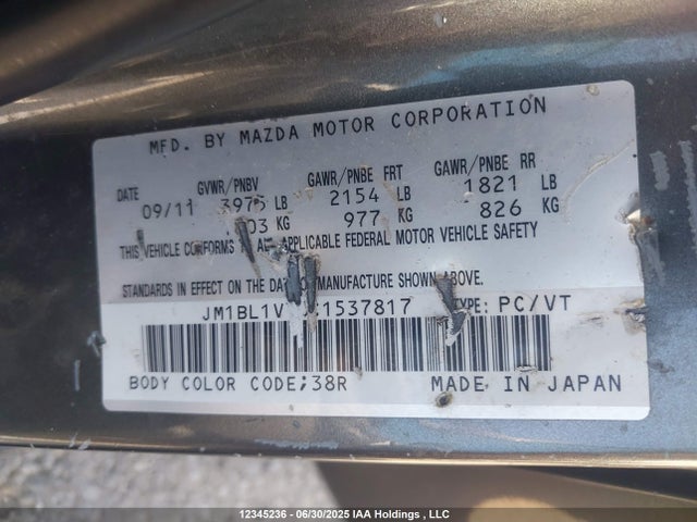 Aukcja sprzedaży 2012 Mazda Mazda3 Gs-sky, vin: JM1BL1V70C1537817, numer aukcji: 12345236