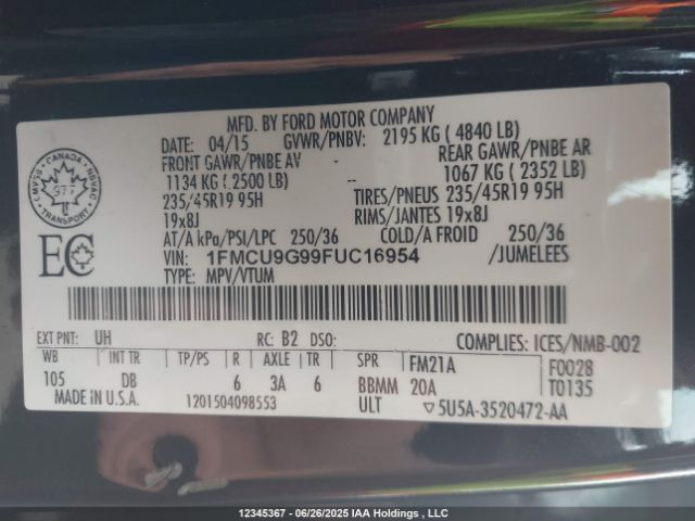 1FMCU9G99FUC16954 Ford 2015