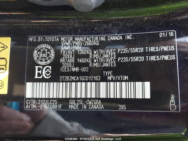 2T2BZMCA1GC012163 Lexus 2016