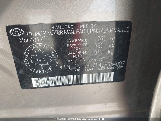 5NPDH4AE4GH654007 Hyundai dohc mpi nu