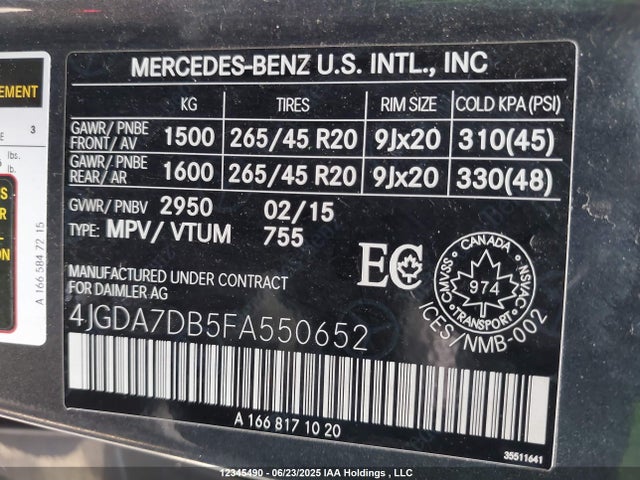 4JGDA7DB5FA550652 Mercedes-Benz Ml-Class