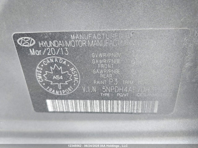 2013 Hyundai Elantra Gl მანქანა იყიდება აუქციონზე, vin: 5NPDH4AE7DH315687, აუქციონის ნომერი: 12345562