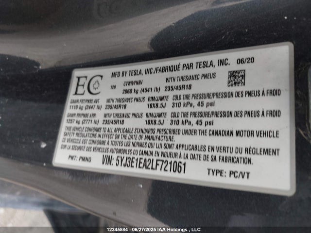 5YJ3E1EA2LF721061 Tesla MODEL 3