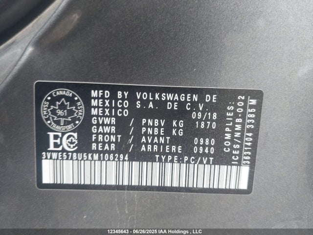 Volkswagen 1.8 tsi 2019 3VWE57BU5KM106294 Image 9