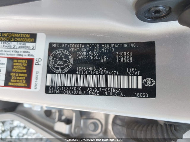 4T1BF1FK0EU354974 Toyota 2ar-fe