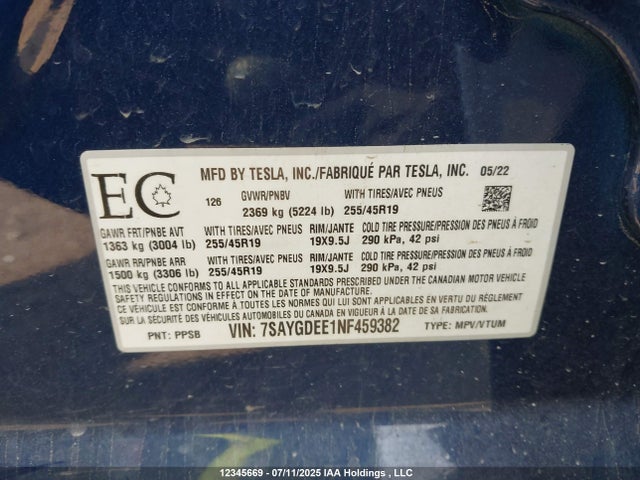 7SAYGDEE1NF459382 Tesla 2022
