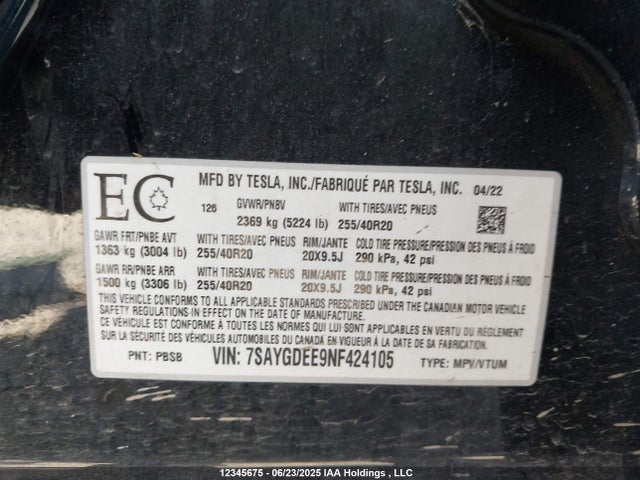7SAYGDEE9NF424105 Tesla Model Y