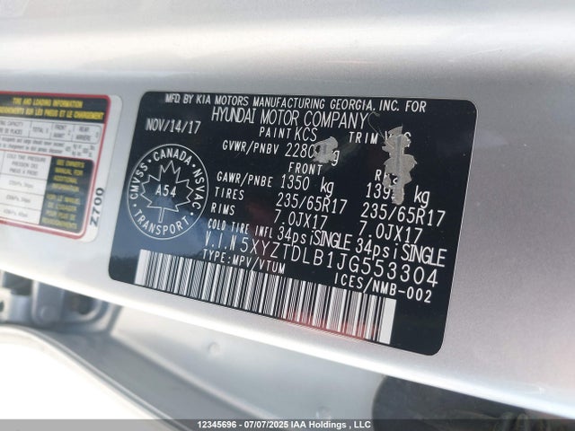 5XYZTDLB1JG553304 Hyundai gdi theta ii