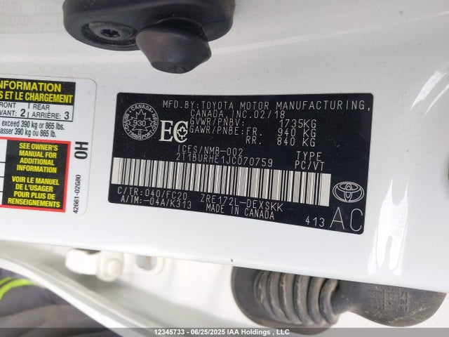 2T1BURHE1JC070759 Toyota 2zr-fe