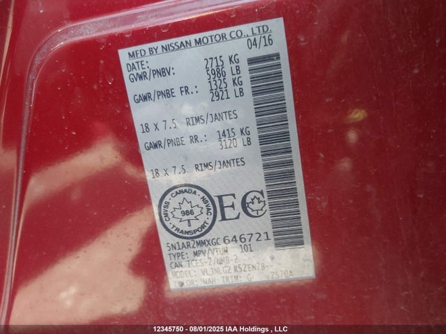 5N1AR2MMXGC646721 Nissan Pathfinder