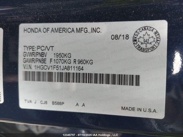 1HGCV1F51JA811164 Honda Accord Ex-l