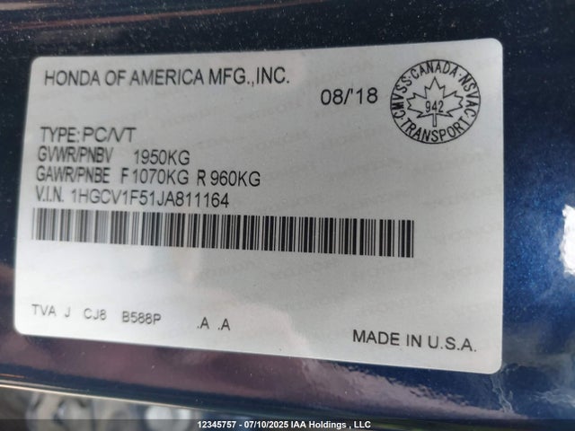 1HGCV1F51JA811164 Honda Accord Ex-l