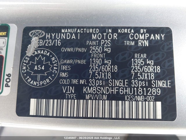 KM8SNDHF6HU181289 Hyundai gdi lambda ii