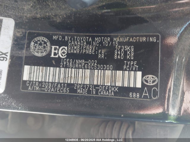 2T1BURHE6GC530300 Toyota 2zr-fe